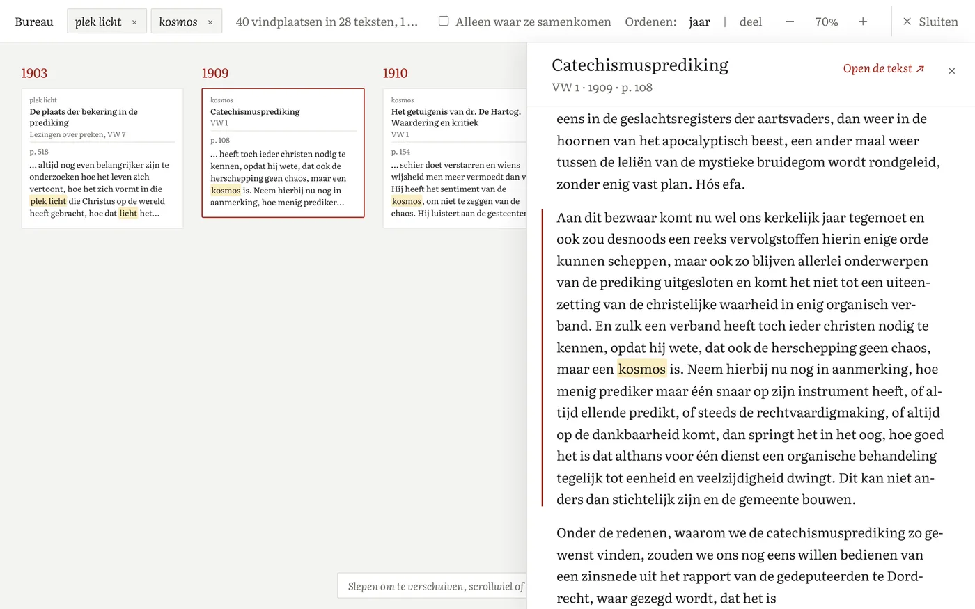 Het bureau met twee zoekvragen en een tekst open aan de rechterkant