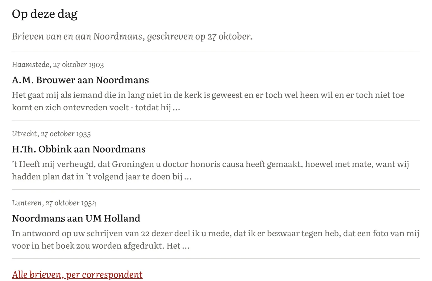 Op deze dag: brieven van en aan Noordmans, geschreven op deze datum