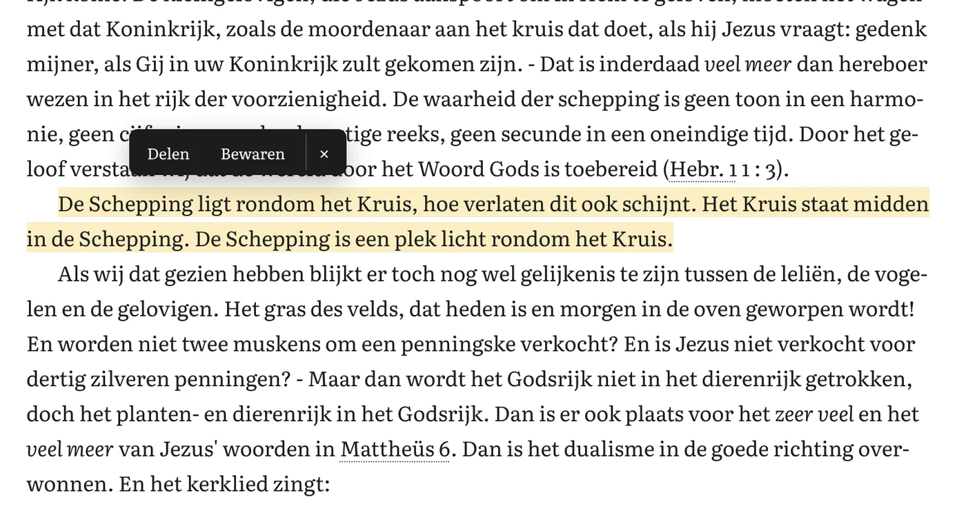 Een gemarkeerde passage met het balkje Delen en Bewaren