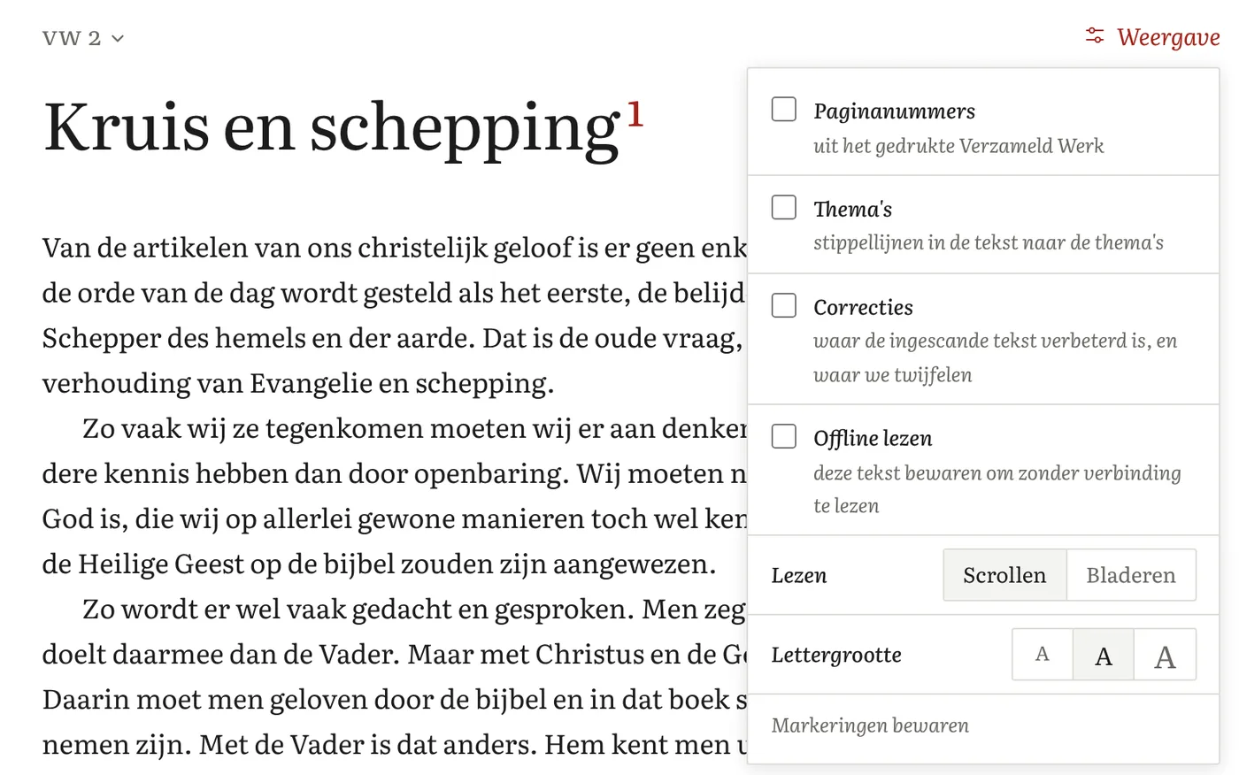 Een tekst met het venster Weergave open