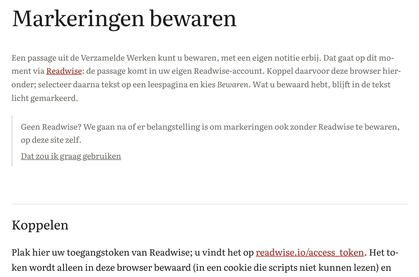 De pagina Markeringen bewaren, met het koppelen aan Readwise